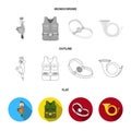 A trophy in his hand, a steel trap, a hunting vest with patronage, a horn..Hunting set collection icons in flat,outline