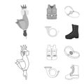 A trophy in his hand, a steel trap, a hunting vest with patronage, a horn..Hunting set collection icons in outline