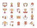 Trophy icons. Award winner golden cups and prize. Premium quality certificate, diploma with medal and ribbon. Success