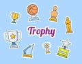 Trophy lettering around award and medal icons set collection package isolated background with modern cartoon color flat style Royalty Free Stock Photo