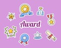 Trophy lettering around award and medal icons set collection package isolated background with modern cartoon color flat style Royalty Free Stock Photo