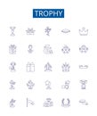 Trophy line icons signs set. Design collection of Prize, Award, Cup, Plaque, Medal, Emblem, Keepsake, Mark outline