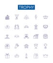 Trophy line icons signs set. Design collection of Prize, Award, Cup, Plaque, Medal, Emblem, Keepsake, Mark outline