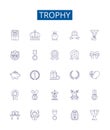 Trophy line icons signs set. Design collection of Prize, Award, Cup, Plaque, Medal, Emblem, Keepsake, Mark outline