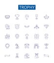 Trophy line icons signs set. Design collection of Prize, Award, Cup, Plaque, Medal, Emblem, Keepsake, Mark outline