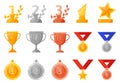 Trophy medals and cups. Gold, silver, bronze rewards, competition achievement, first, second, third place winning prize