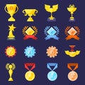 Trophy medals and cups set isolated on blue background. Cartoon trophy elements for games, web, icons, packages etc. Vector