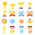 Trophy medals and cups set isolated on white background. Cartoon trophy elements for games, web, icons, packages etc. Vector