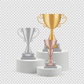 Trophy on podium. Golden, silver and bronze cups isolated on transparent background. Awards vector set