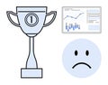 Contrasting themes of success and disappointment with trophy, sad face, and data graph
