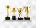 Trophy on shelf. Realistic golden cup awards on glass shelves. Championship and business achievement metallic shiny