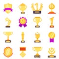 Trophy symbols. Achievement awards medals with ribbons for winners sport victory vector flat icons