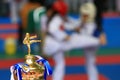 Trophy for Taekwondo contest with athletes fighting in background Royalty Free Stock Photo