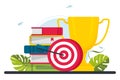 trophy, target, target, books. Motivation, job success, encouragement concept. Target achievement of business career