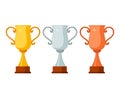 Trophy winner Cups with wooden base isolated on white background. Gold, silver and bronze prize award cups icon Royalty Free Stock Photo