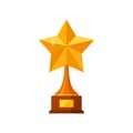 Trophy winner gold star with wooden base isolated on white background. Gold prize award icon