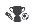 Trophy, Winner Soccer or Football Cup, soccer boots, ball logo design. Competition, games, tournament, leadership.