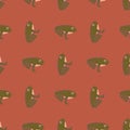 Tropic animal marine seamless pattern with amphibian green olive frog shapes. Pale dark pink background