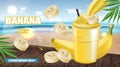 Tropic Banana smoothie Vector realistic mock up. Juicy drink with splash. Product placement. Detailed 3d illustrations Royalty Free Stock Photo