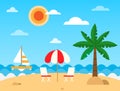Tropic beach landscape with beach, waves, umbrella, beach chair, palm tree, sun and ship. Summer holiday and vacation