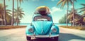 road retro vintage travel car tropical vacation beach trip summer. Generative AI.