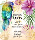 Tropic card watercolor Vector with colorful parrot bird and flowers Royalty Free Stock Photo