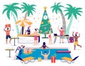 Tropic Christmas pool party. People in Santa hats swimming, drinking beer, dancing. Tropical winter vacation, vector.
