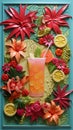 Tropic cocktail in high glass with straw over sculpted tropical background. Vertical holidays set with cocktail, exotic flowers Royalty Free Stock Photo