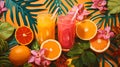 Tropic cocktails on tropical background. Colorful holidays set with cocktails, palm tree leaves, citrus fruits. African banner Royalty Free Stock Photo