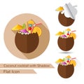 Tropic coconut cocktail flat design with oval long shadow and folded corner