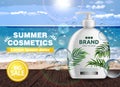 Tropic cream summer cosmetics Vector realistic. Sea view backgrounds. exotic palm leaves Royalty Free Stock Photo
