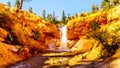 Tropic Ditch Falls as it drops over the vermilion colored rocks at the Mossy Cave hiking trail in Bryce Canyon National Park