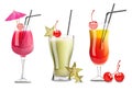 Tropic fruits cocktail glasses set collection Vector realistic. Cherry, carambola and berry fresh drinks
