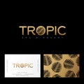 Tropic gold logo. Resort and Spa emblem. O letter with palm leaf. Identity, business card. Pattern with palm leaves.