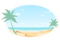 Tropic landscape Poster, oval frame for banner design. Sunny Paradise template illustration with copy space. Summer