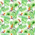 Tropic leaves, exotic bird flowers. Repeating pattern. Watercolor