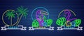 Tropic neon icons Vector set. Palm trees, parrot and flamingo detailed templates