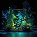 Tropic neon jungle night background. Dark tropical exotic background with leaf palms and light cube frame