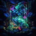 Tropic neon jungle night background. Dark tropical exotic background with leaf palms and light neon frame.