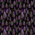 Tropic neon purple green leaves pattern in digital motion glitch lines, magic plant shapes on black background