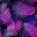 Tropic neon seamless vector background, summer tropical palm leaves vibrant pattern, hawaii floral illustration Royalty Free Stock Photo