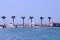 Tropic palm trees on seashore and yachts stand along shore. Vacation concept Royalty Free Stock Photo