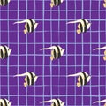 Tropic seamless pattern with imperial angelfish ornament. Purple bright chequered background Royalty Free Stock Photo
