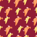 Tropic seamless pattern with orange and yellow parrots silhouttes. Maroon background. Hand drawn print