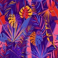 Tropic seamless pattern vector background with tropical leaves in bright color on dark backdrop. Cool floral exotic