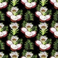 Tropic summer floral pitahaya seamless pattern with palm leaves and coconut fruit and pitahaya.