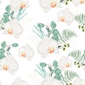 Tropic summer painting seamless pattern with eucaliptus, herbs, fern and white orchid flowers.