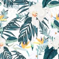 Tropic summer painting seamless pattern with palm leaf and white orchid flowers.