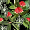 Tropic summer painting seamless pattern with palm leaves and red Spathiphyllum flowers branch.