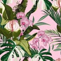 Tropic summer painting seamless pattern with palm leaves and Spathiphyllum flowers branch.